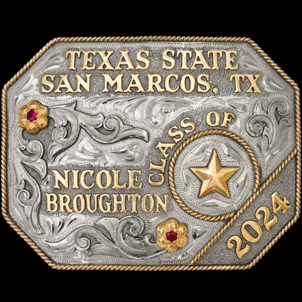 "The River custom buckle can be customized for any high school, college or even as a standard trophy buckle! This gorgeous buckle is a shinier version of our best-selling Reagan Buckle, which is detailed with our signature antique finish for a more r